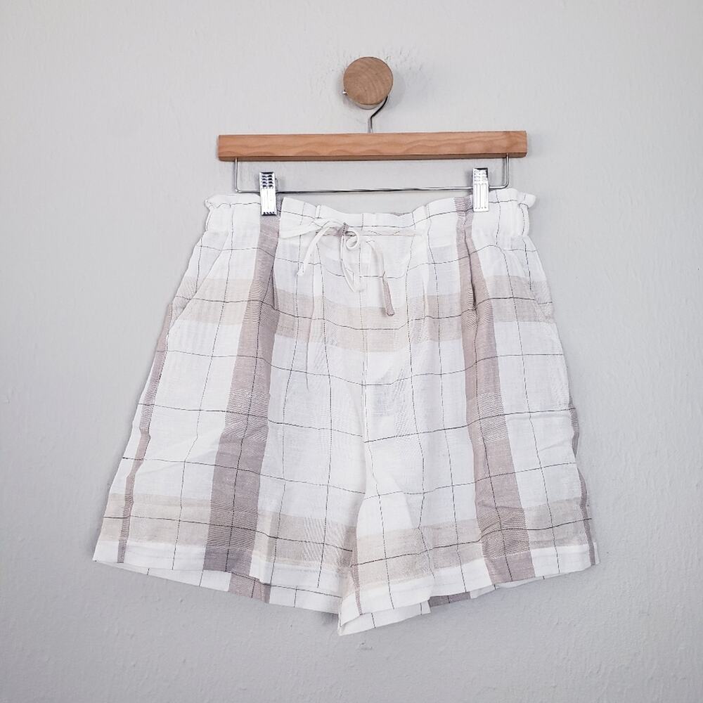 NWT Clad and Cloth 100% Linen Paperbag High Waisted Shorts Large Neutral Plaid